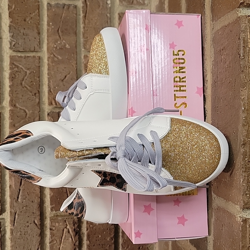 Simply Southern Fancy Like Sneaker White Gold‎ and Leopard Print